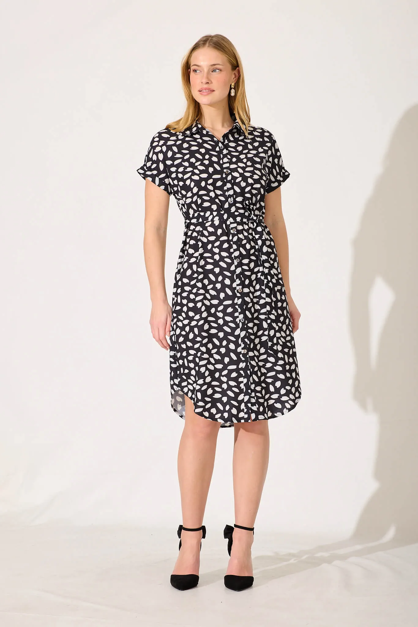 Maddison Shirt Dress In Black With White Leaf sold by St Frock