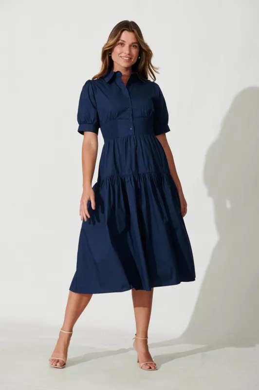 Fairfax Midi Shirt Dress In Navy Cotton sold by St Frock