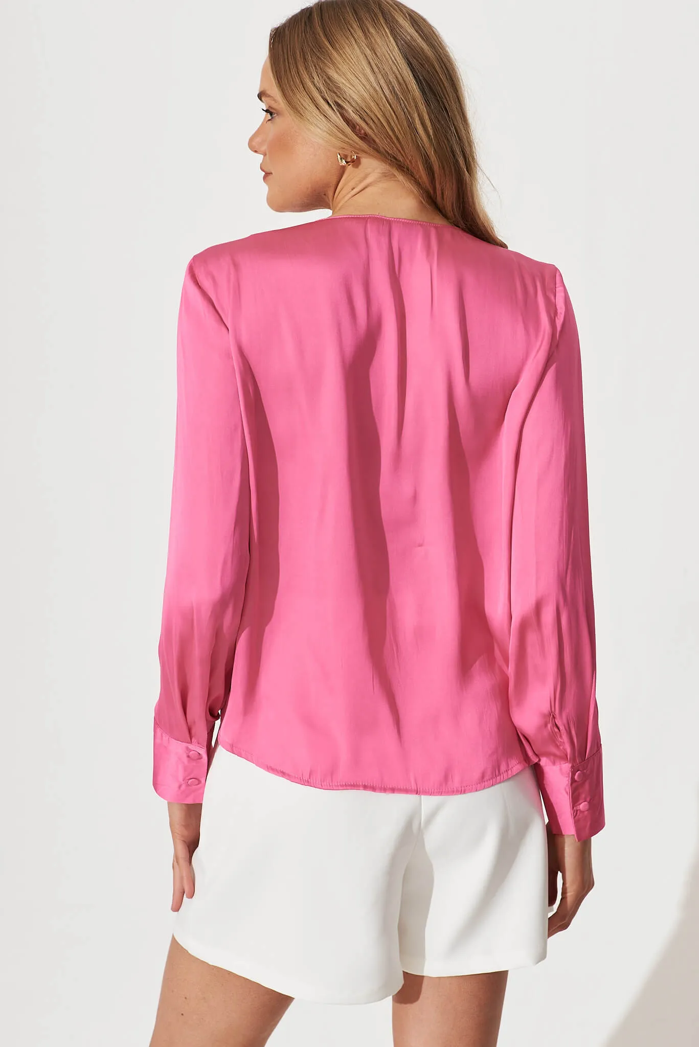 Lara Mock Wrap Top In Pink Satin sold by St Frock product image thumbnail 3