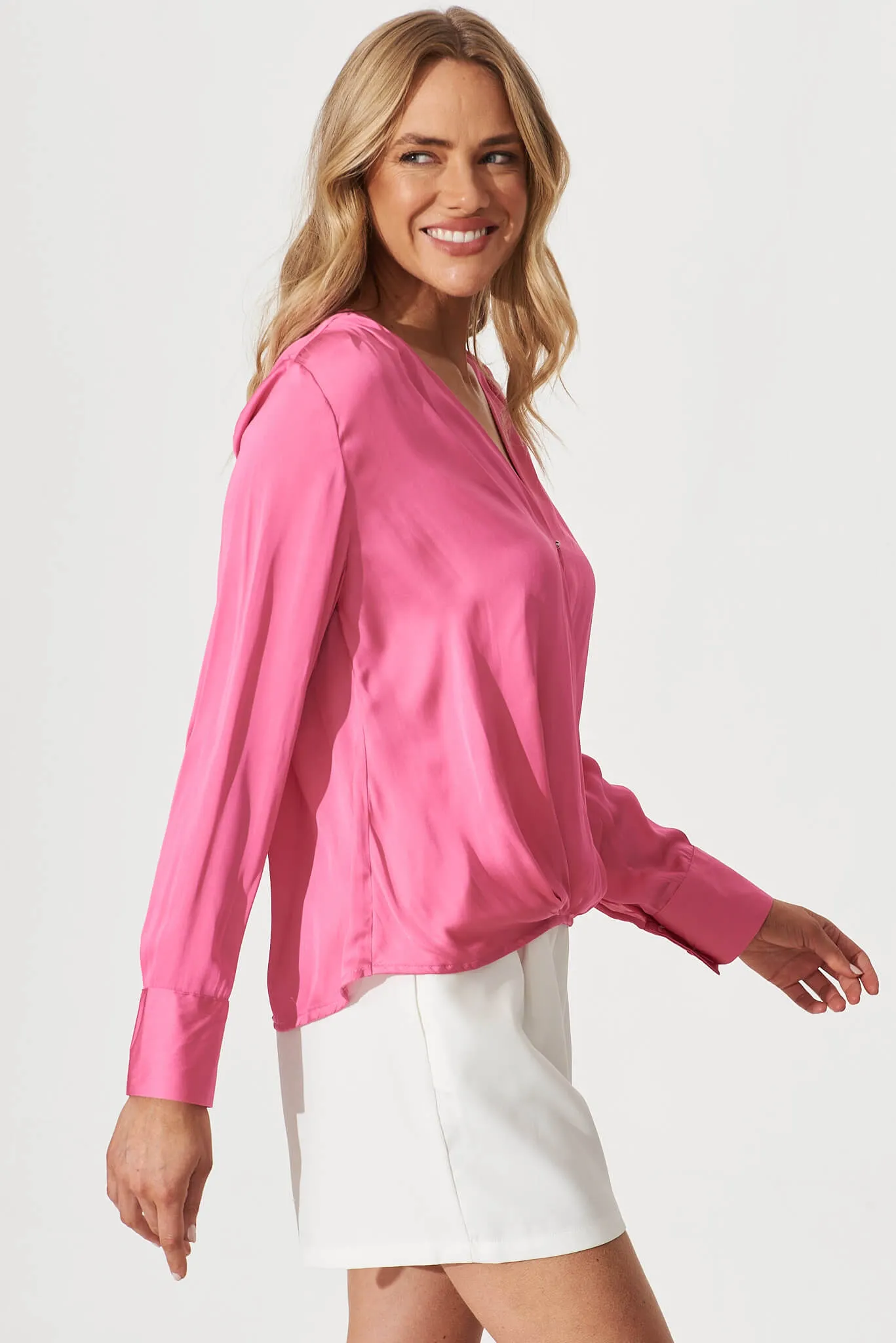 Lara Mock Wrap Top In Pink Satin sold by St Frock product image thumbnail 2