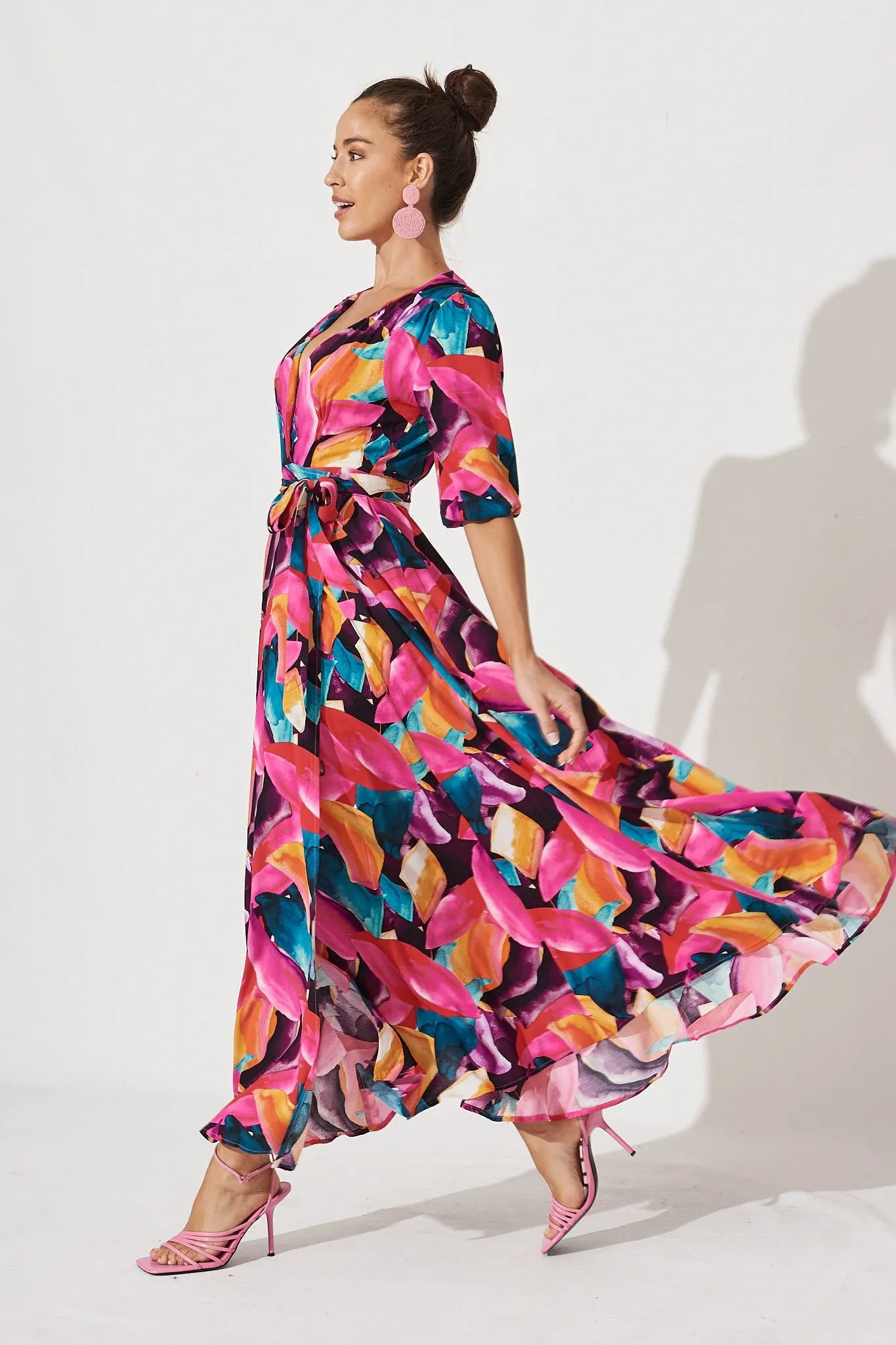 Ronda Maxi Wrap Dress In Black With Multi Leaf Print sold by St Frock product image thumbnail 5