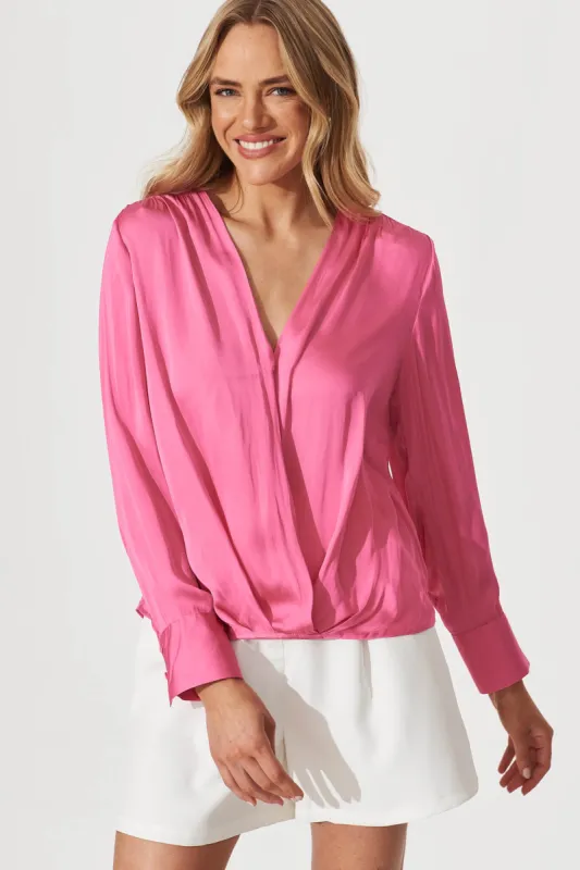 Lara Mock Wrap Top In Pink Satin sold by St Frock