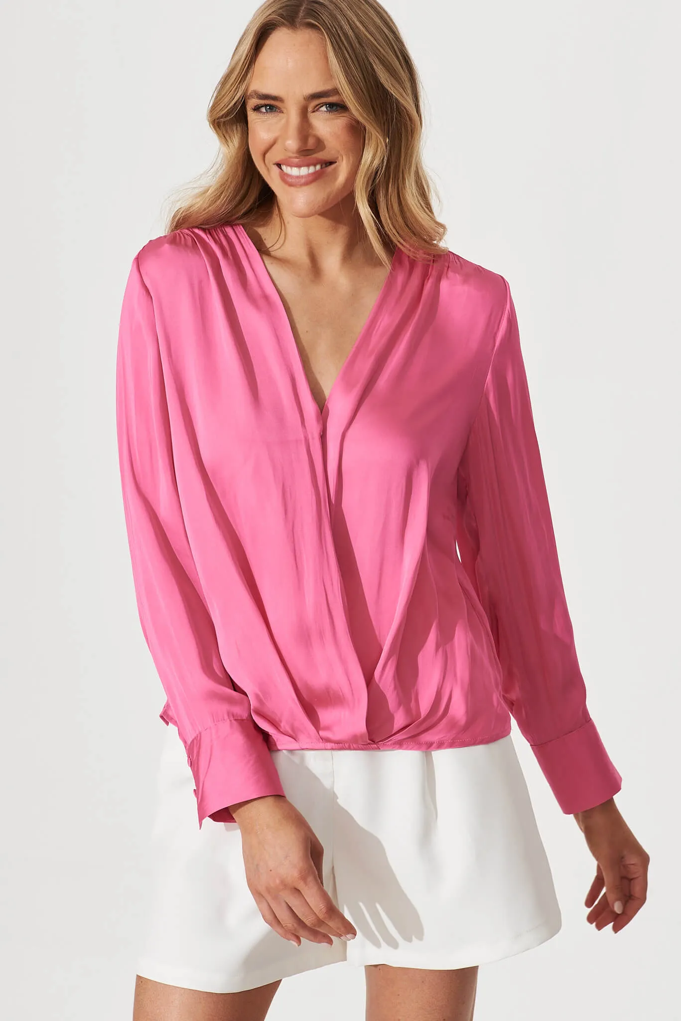 Lara Mock Wrap Top In Pink Satin sold by St Frock