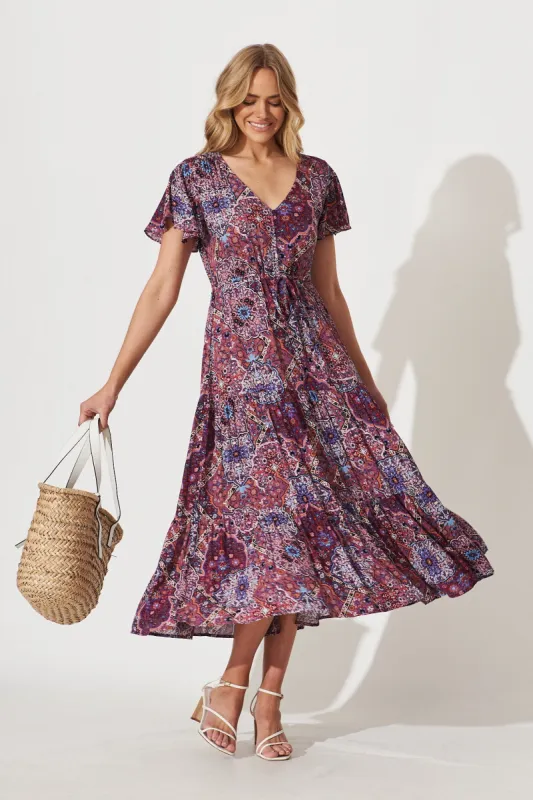 Dolly Midi Dress In Purple With Multi Boho Print sold by St Frock