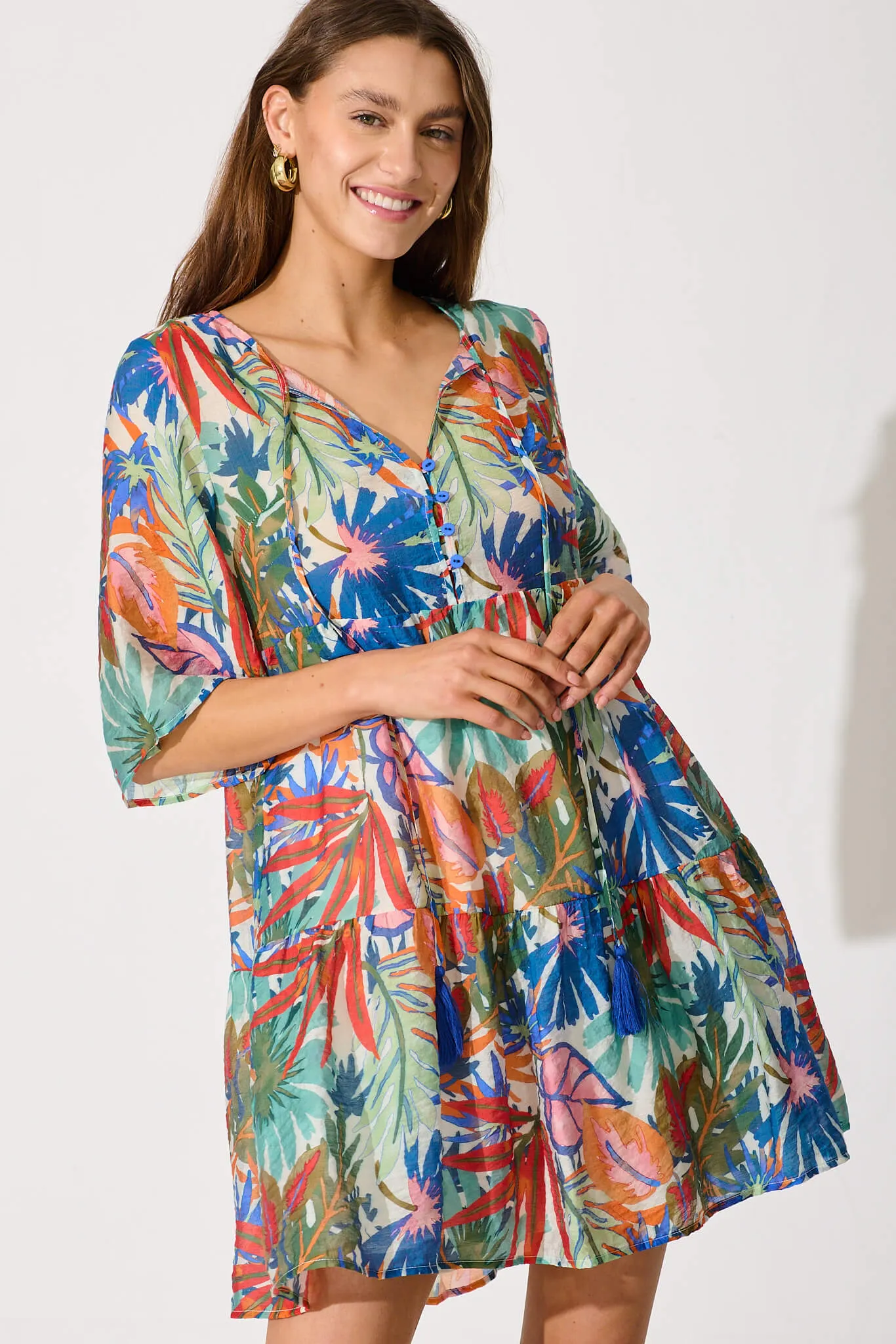 Melodic Smock Dress In Multi Leaf Cotton Blend sold by St Frock product image thumbnail 2