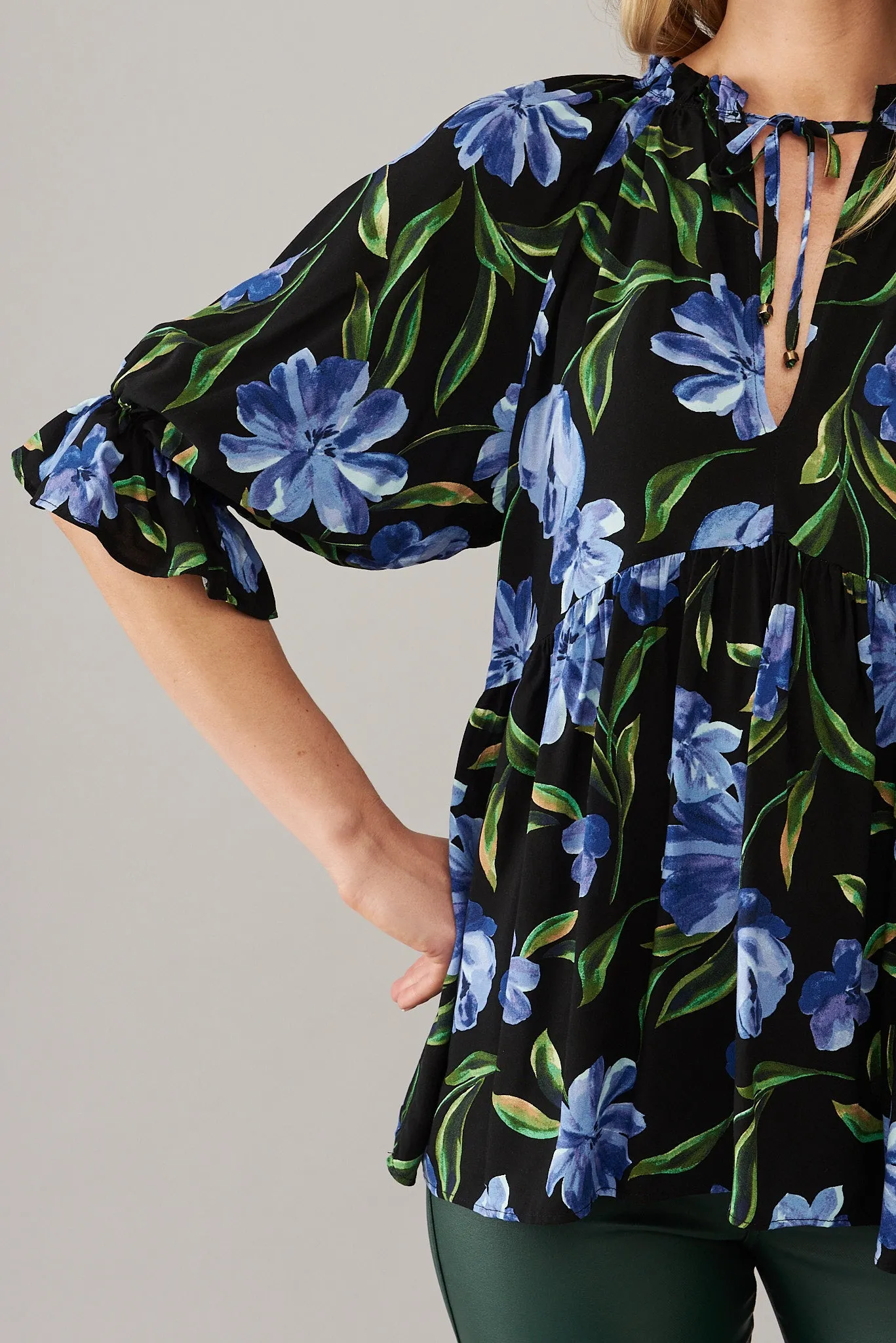 Zinnia Top In Black With Blue Floral sold by St Frock product image thumbnail 5