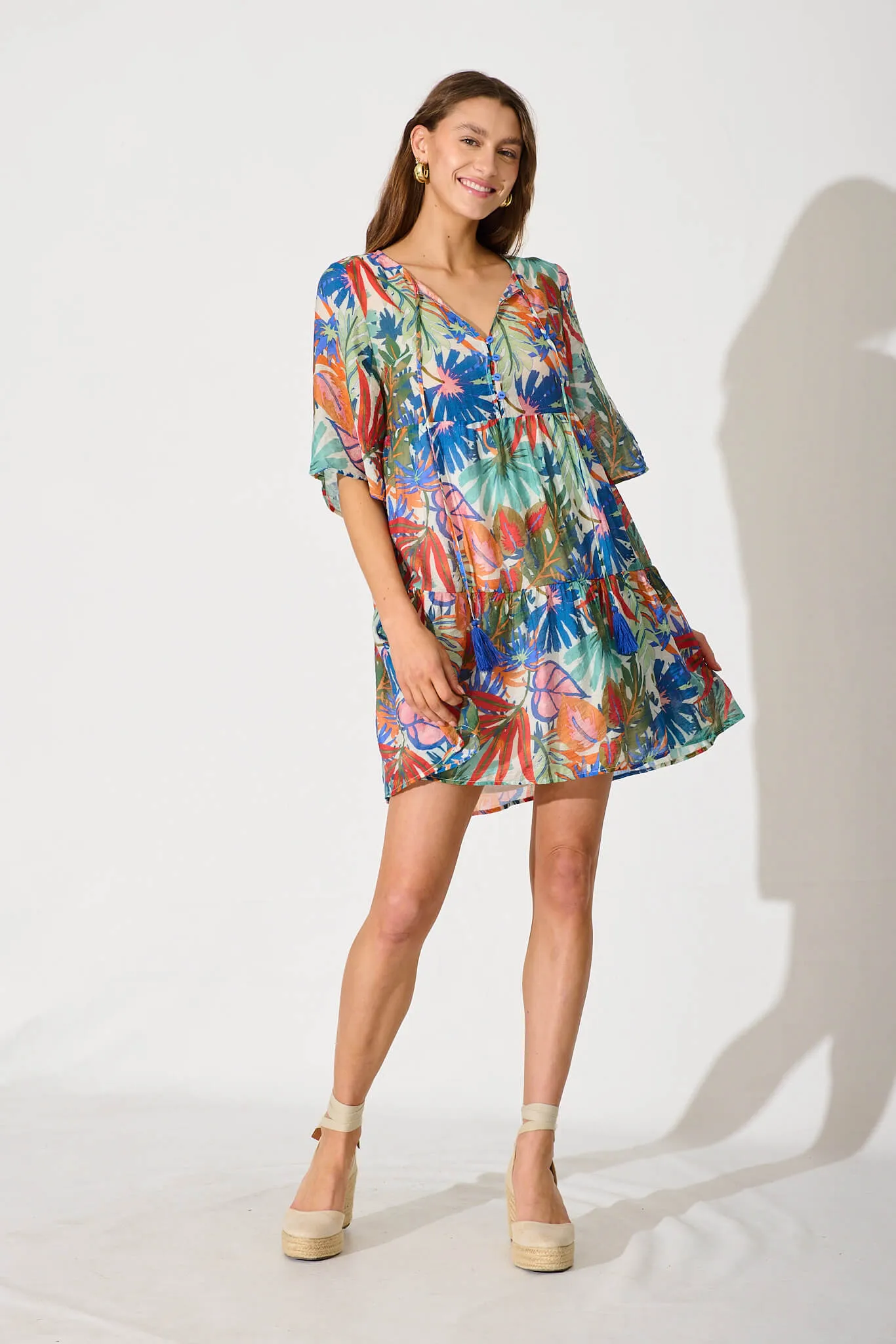 Melodic Smock Dress In Multi Leaf Cotton Blend sold by St Frock