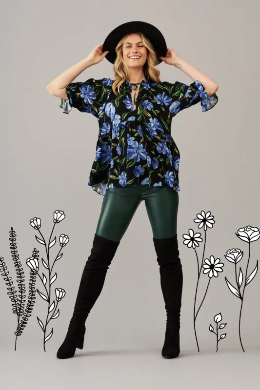 Zinnia Top In Black With Blue Floral sold by St Frock