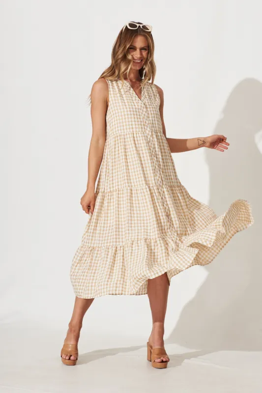 Jolly Midi Smock Dress In Beige Gingham Check Cotton Blend sold by St Frock