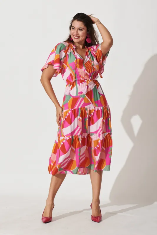 Jovana Midi Dress In Pink With Tangerine Multi Print sold by St Frock