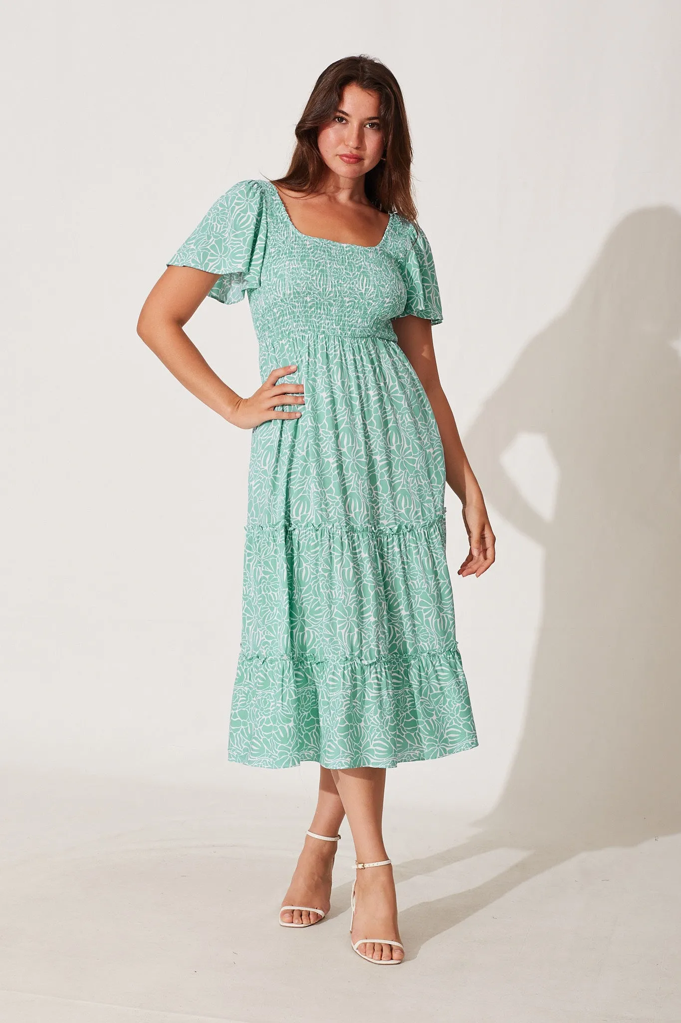 Elixir Midi Dress In Aqua And White Floral Print sold by St Frock