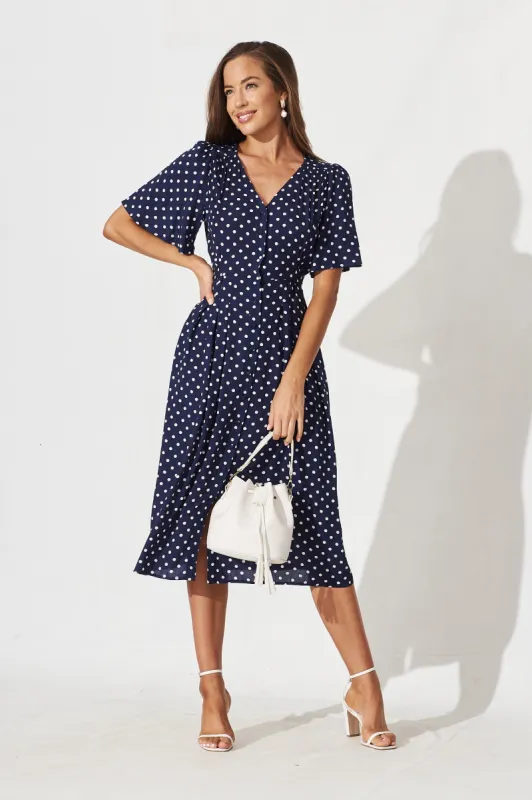 Truro Midi Dress In Navy With White Spot sold by St Frock