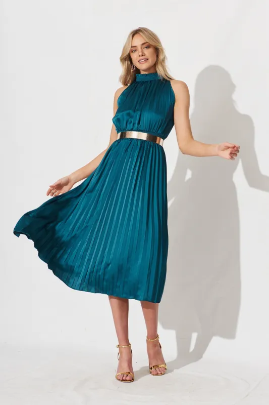 Simmie Midi Dress In Teal Pleated Satin sold by St Frock
