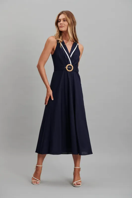 Enchanter Midi Dress In Navy Linen Cotton sold by St Frock