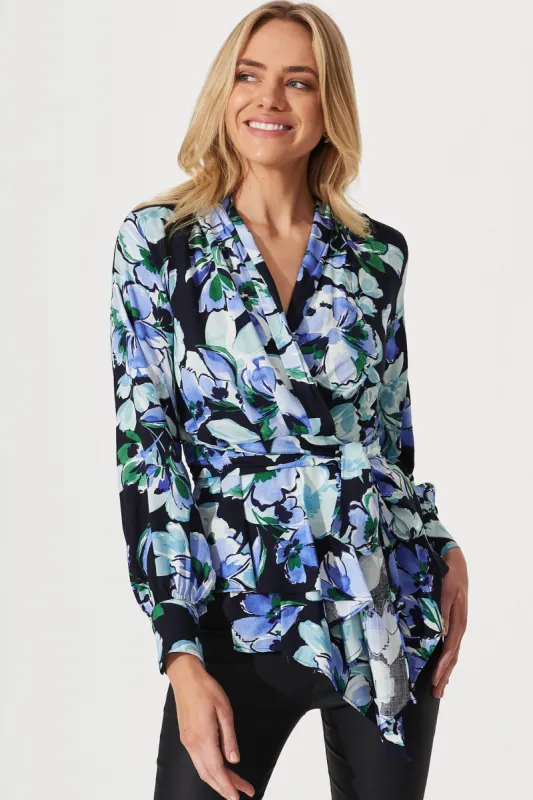 Wanda Wrap Top In Black With Multi Blue Floral Print sold by St Frock