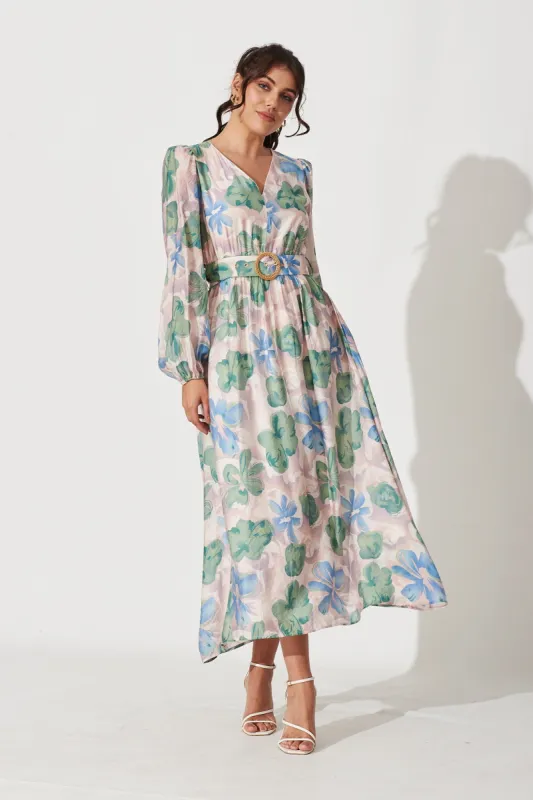 Adrini Maxi Dress In Blush With Green Floral Print sold by St Frock