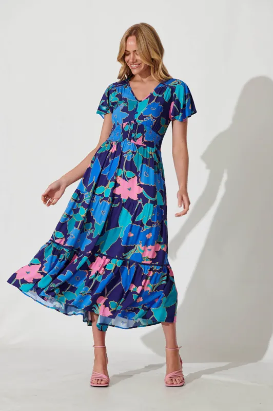Sheila Maxi Dress In Blue Flower Print sold by St Frock