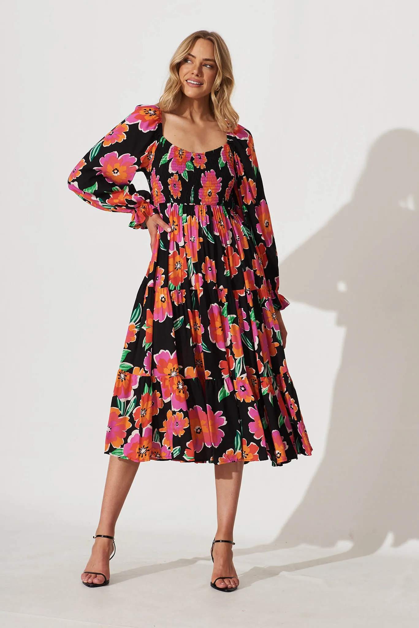 Betty Midi Dress In Black With Multi Floral sold by St Frock