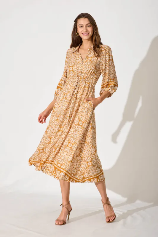 Heatherfield Midi Shirt Dress In Mustard Floral Tile Print sold by St Frock