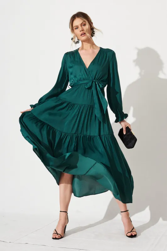 Dominique Maxi Dress In Emerald Satin sold by St Frock