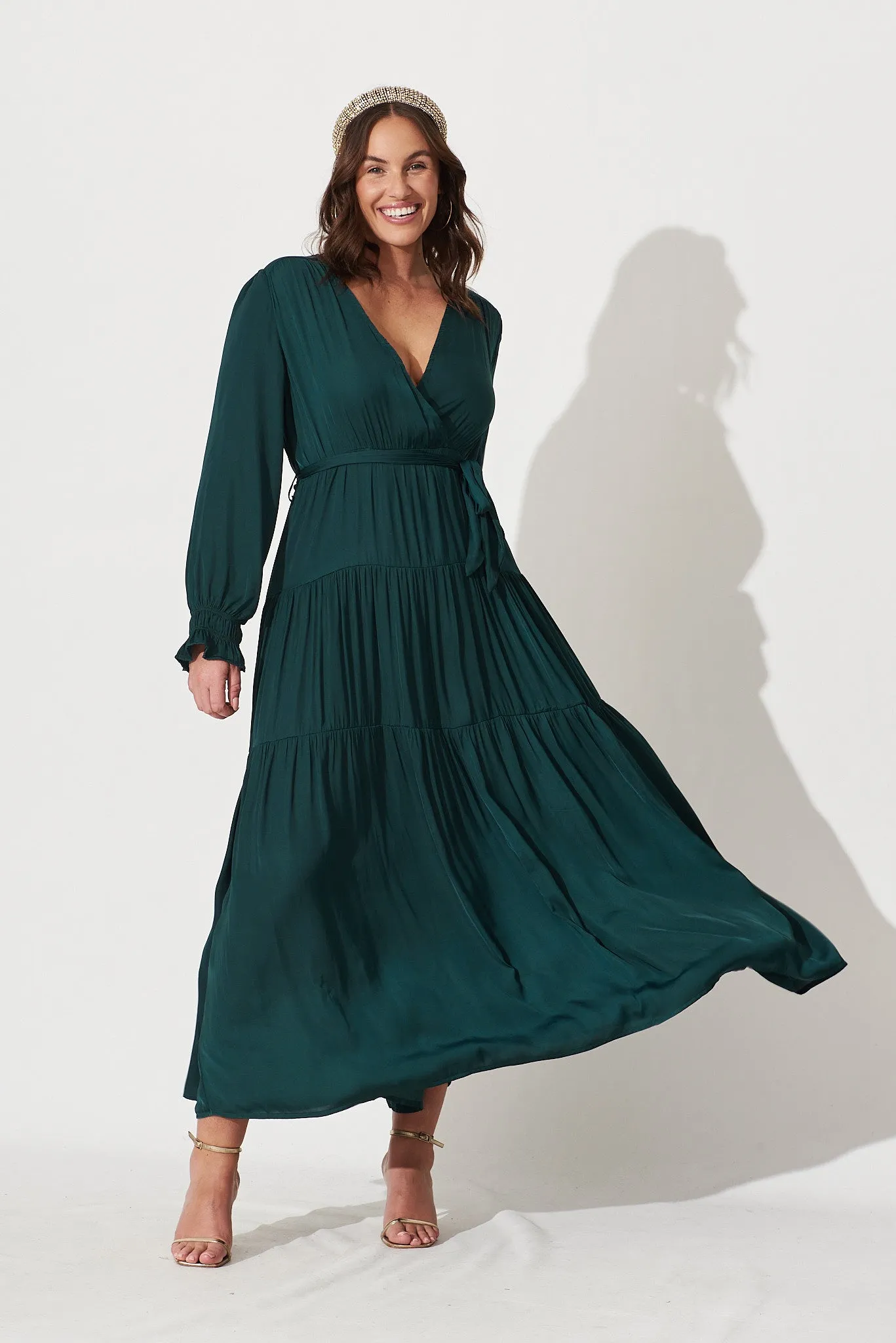 Dominique Maxi Dress In Emerald Satin sold by St Frock product image thumbnail 2