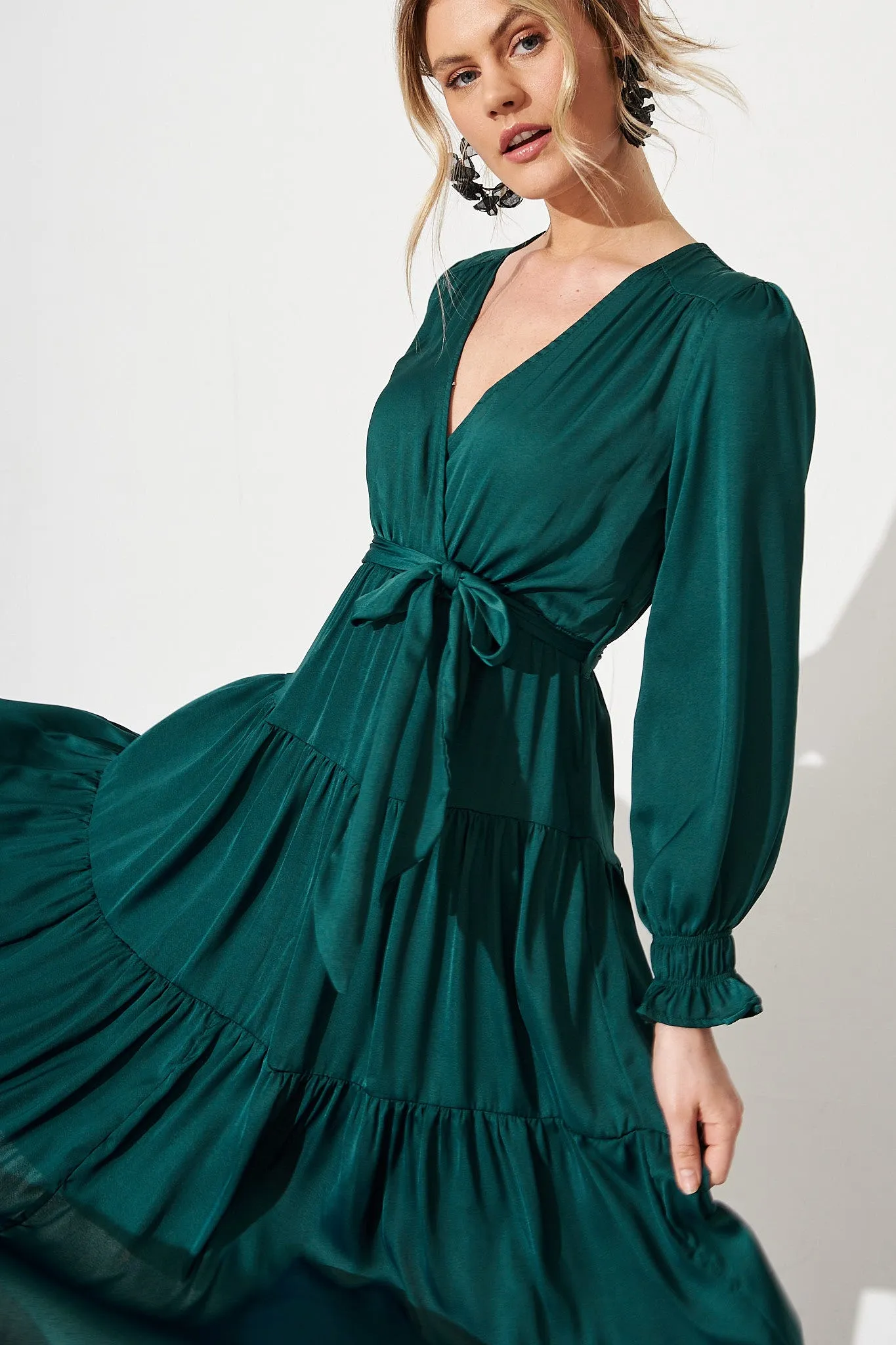 Dominique Maxi Dress In Emerald Satin sold by St Frock product image thumbnail 3