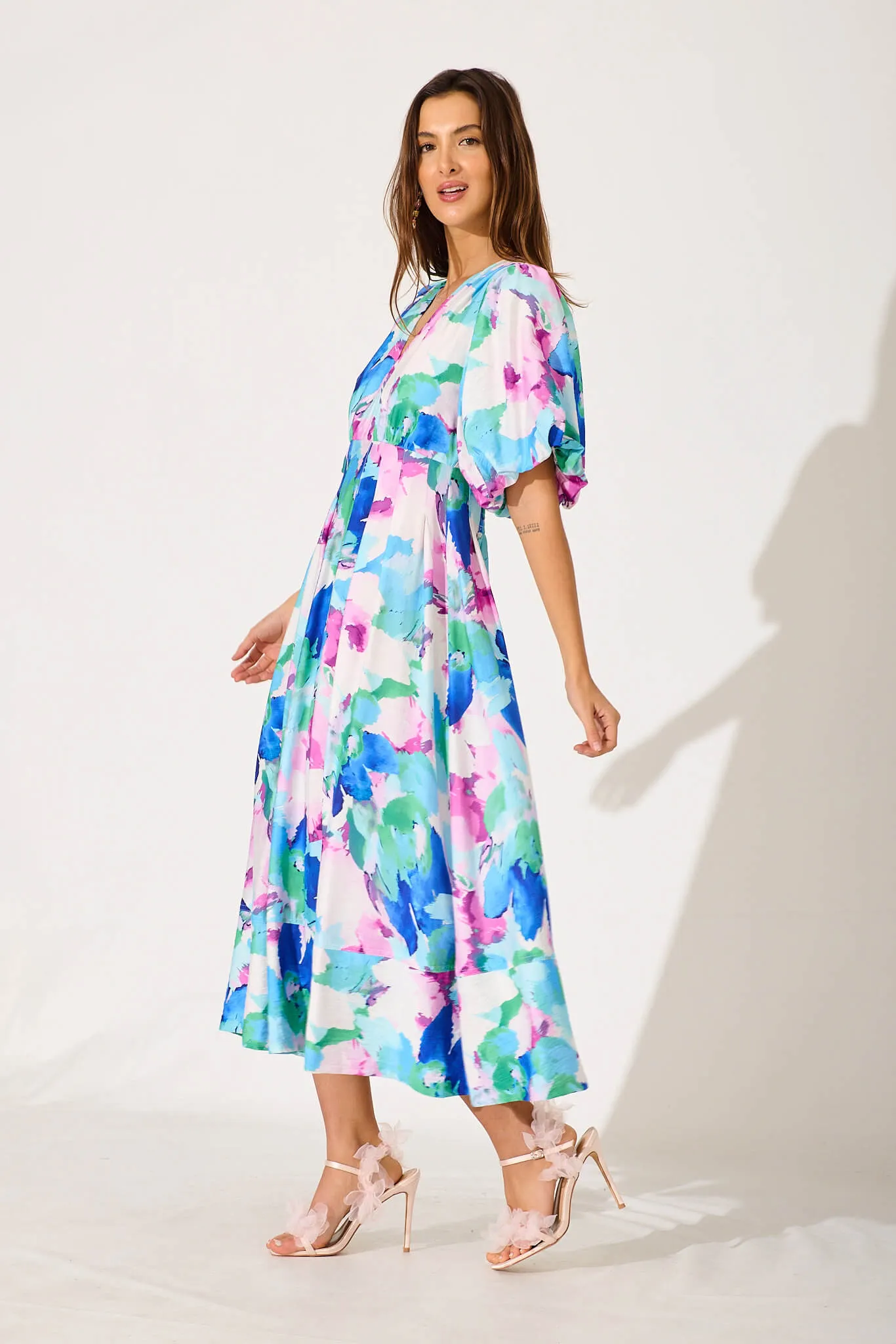 Daydreamer Midi Dress In White With Blue Multi Floral sold by St Frock product image thumbnail 3