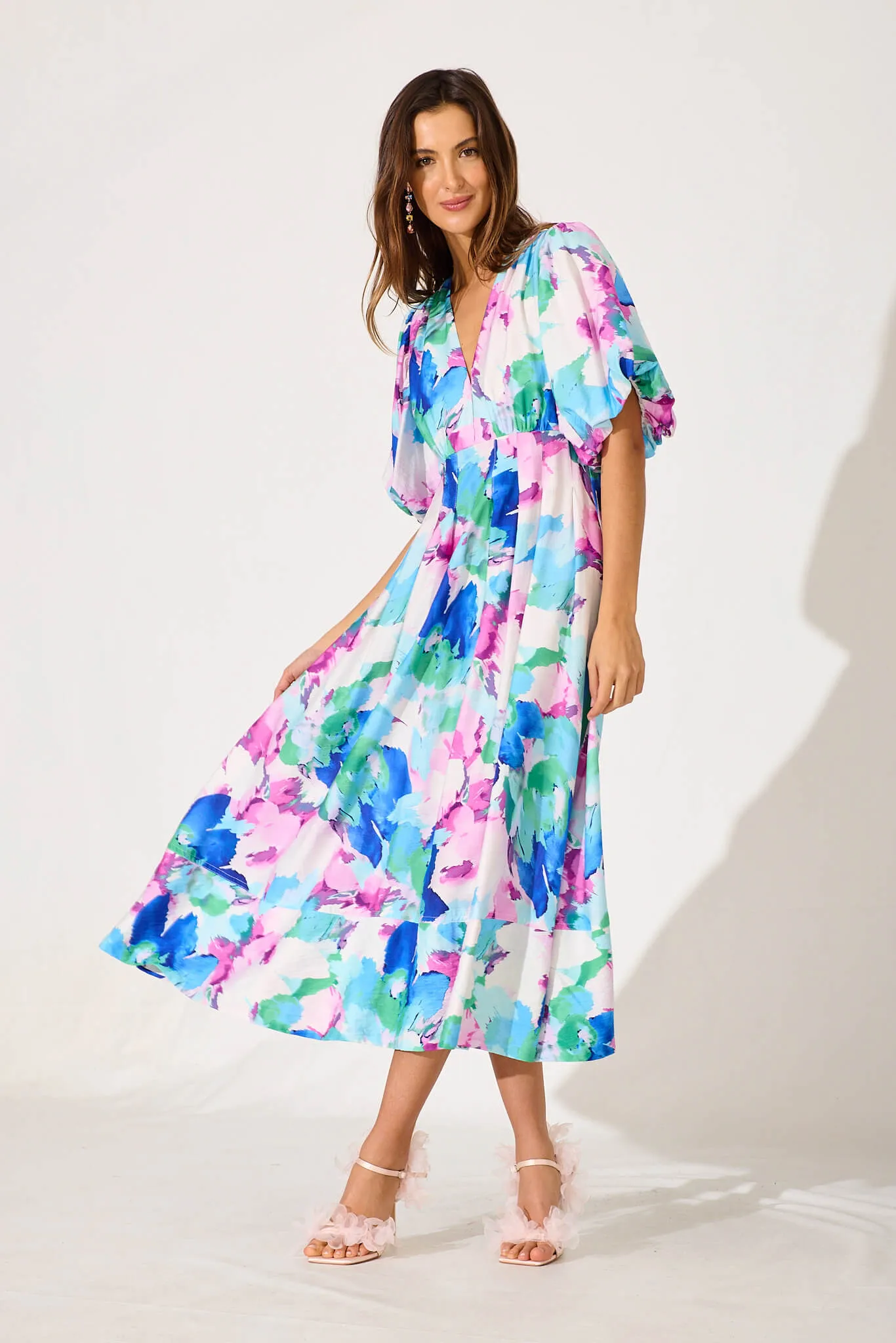 Daydreamer Midi Dress In White With Blue Multi Floral sold by St Frock