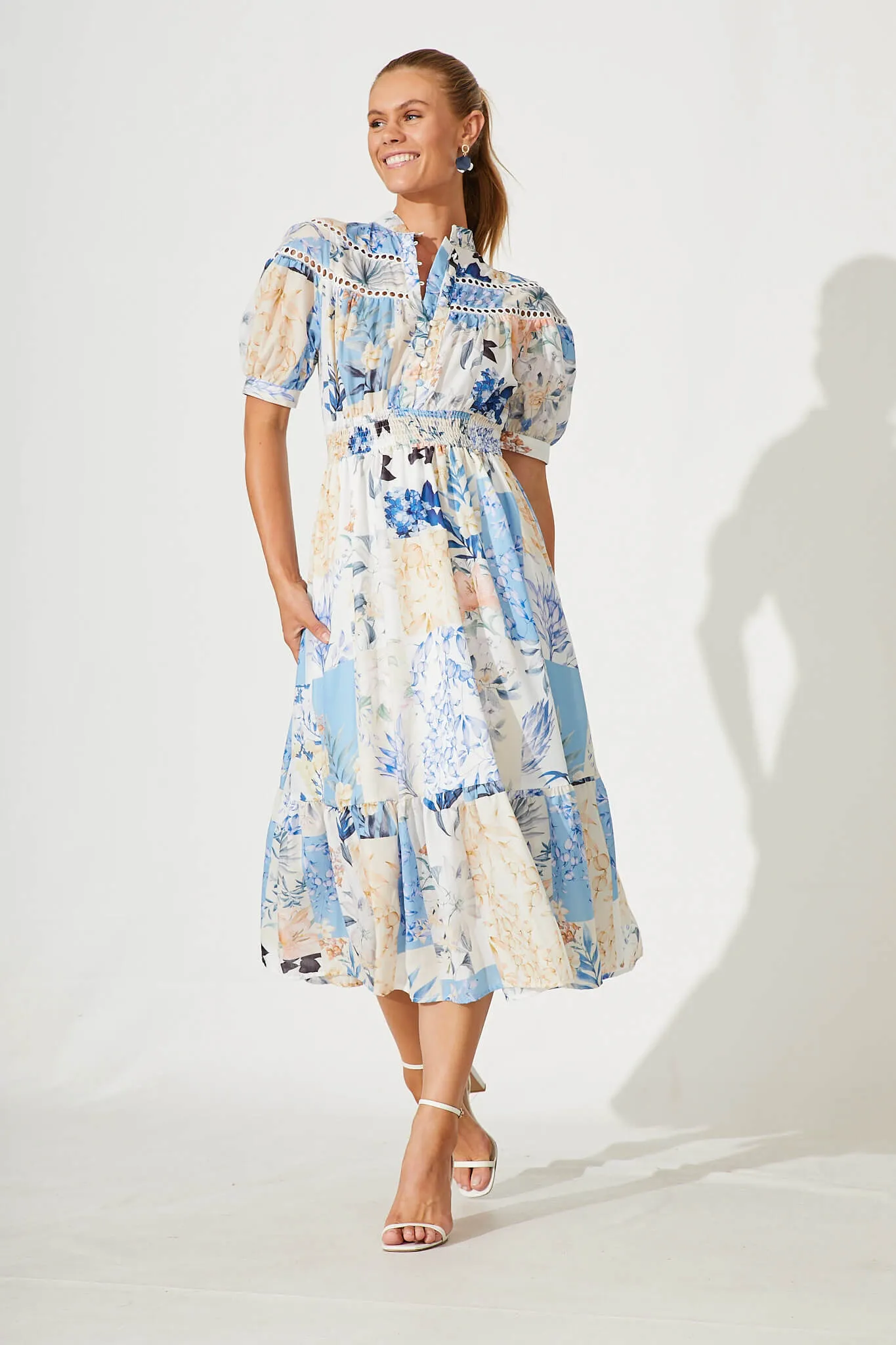 Lynette Midi Dress In Beige With Blue Patch Floral sold by St Frock