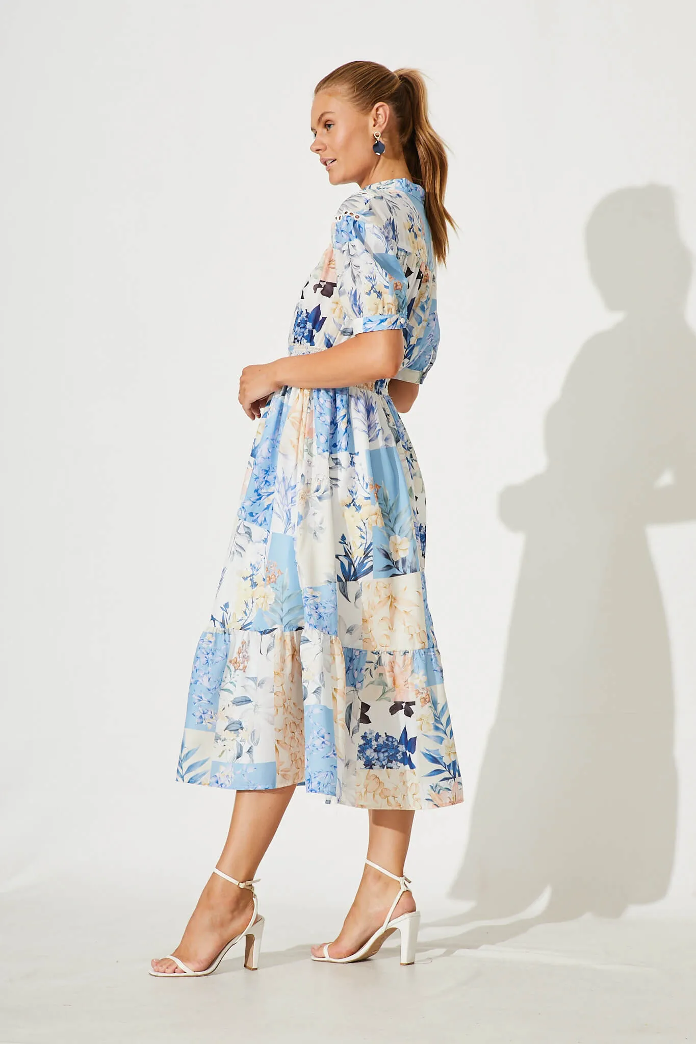 Lynette Midi Dress In Beige With Blue Patch Floral sold by St Frock product image thumbnail 3
