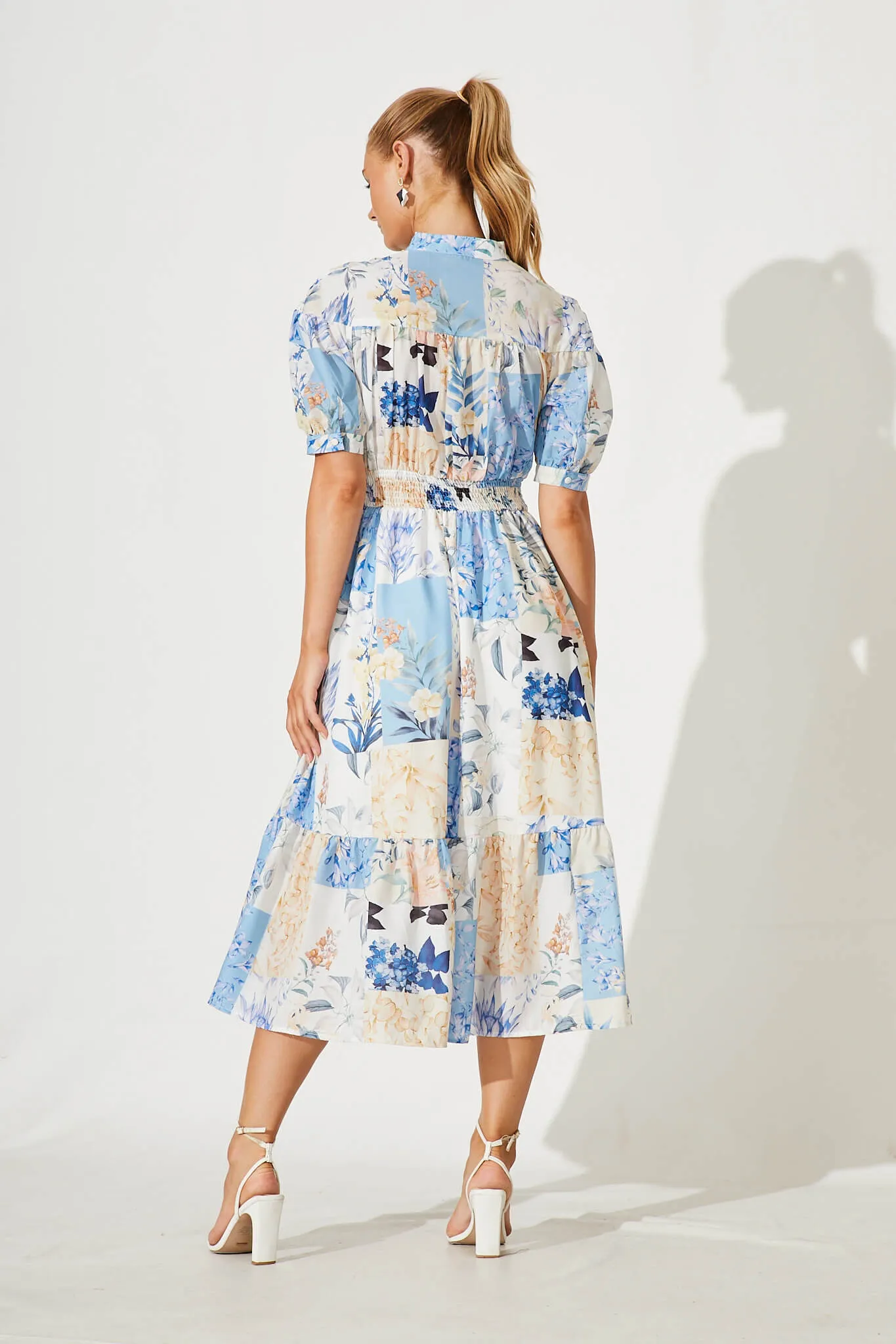 Lynette Midi Dress In Beige With Blue Patch Floral sold by St Frock product image thumbnail 4