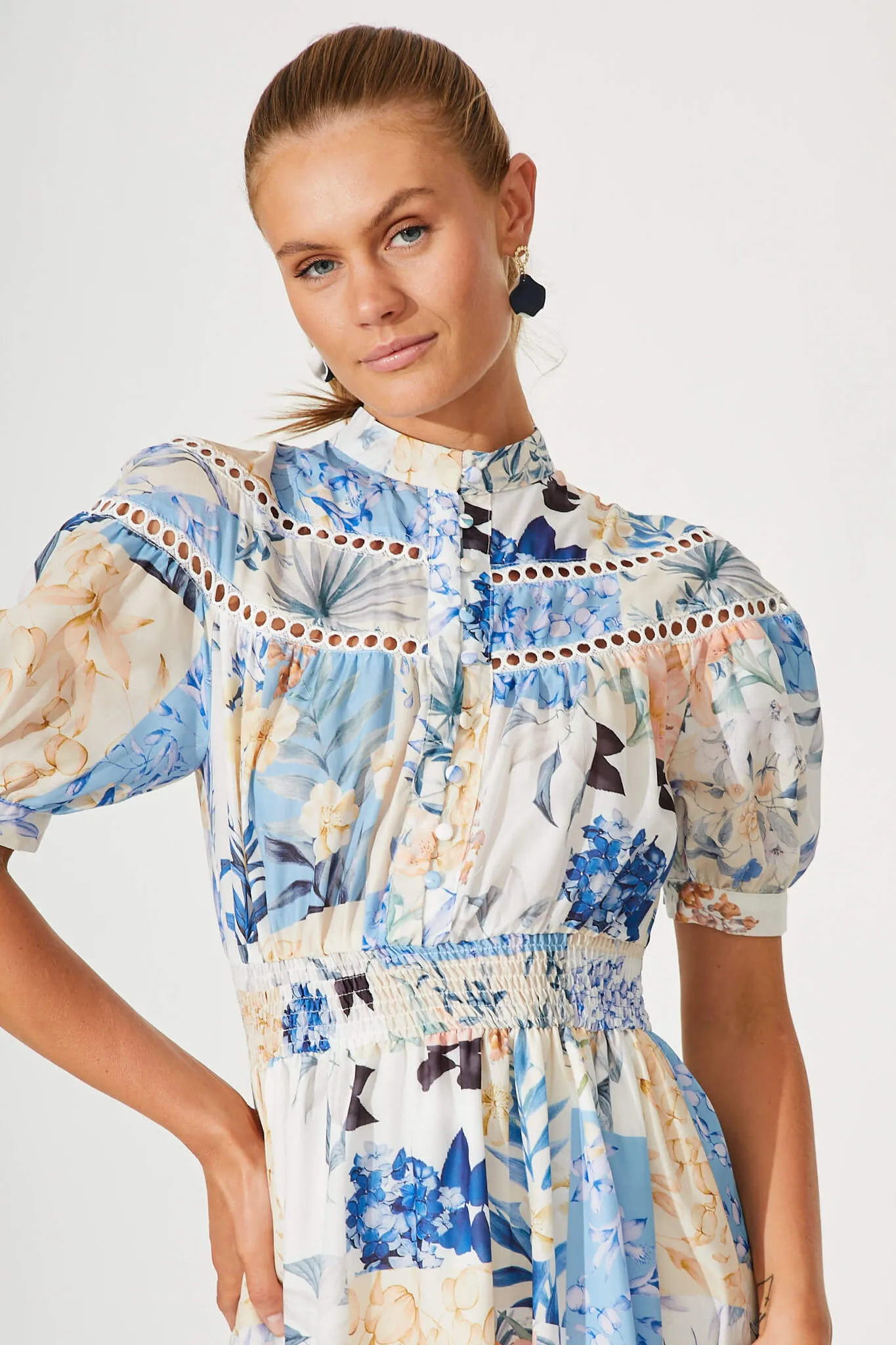Lynette Midi Dress In Beige With Blue Patch Floral sold by St Frock product image thumbnail 5