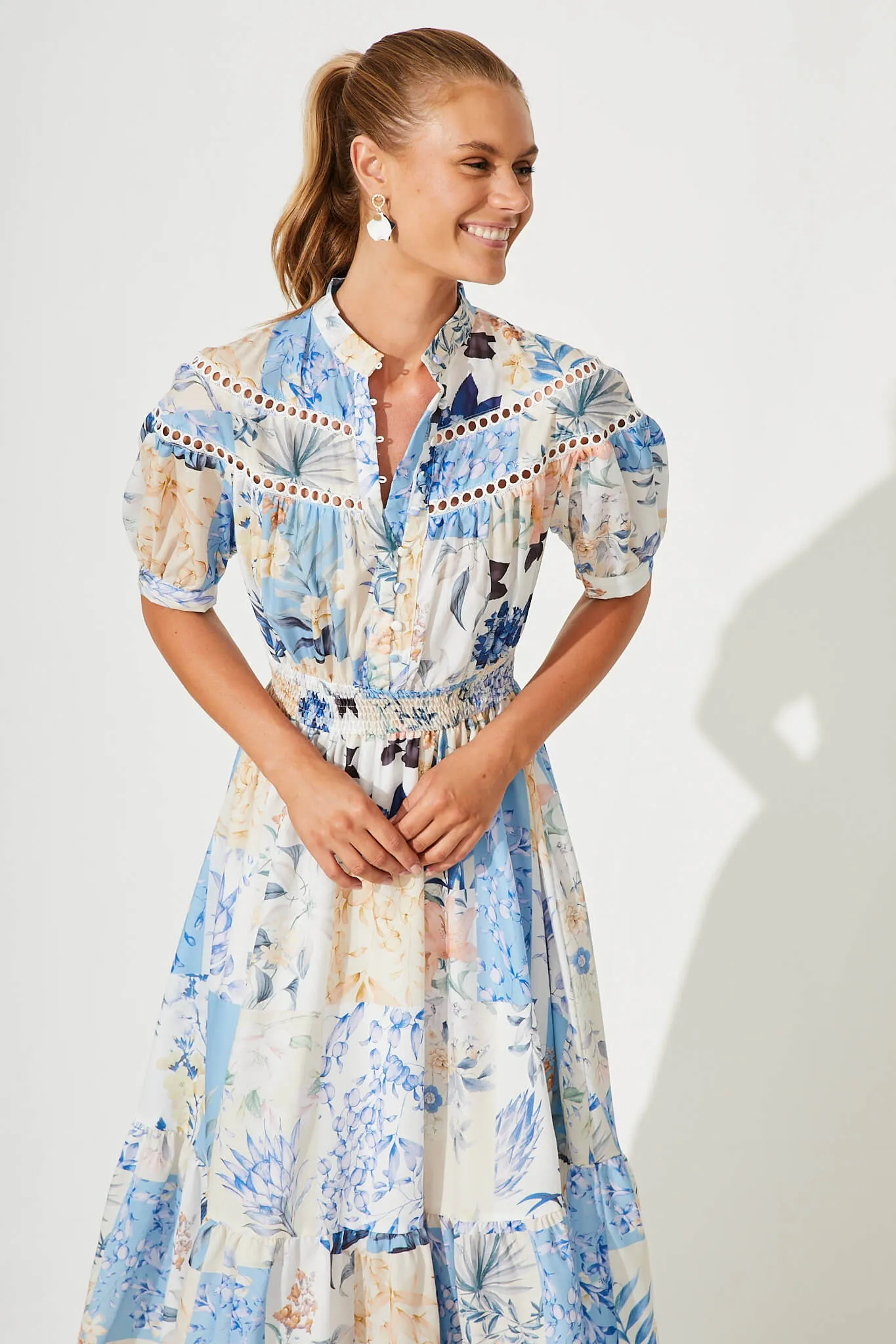 Lynette Midi Dress In Beige With Blue Patch Floral sold by St Frock product image thumbnail 2