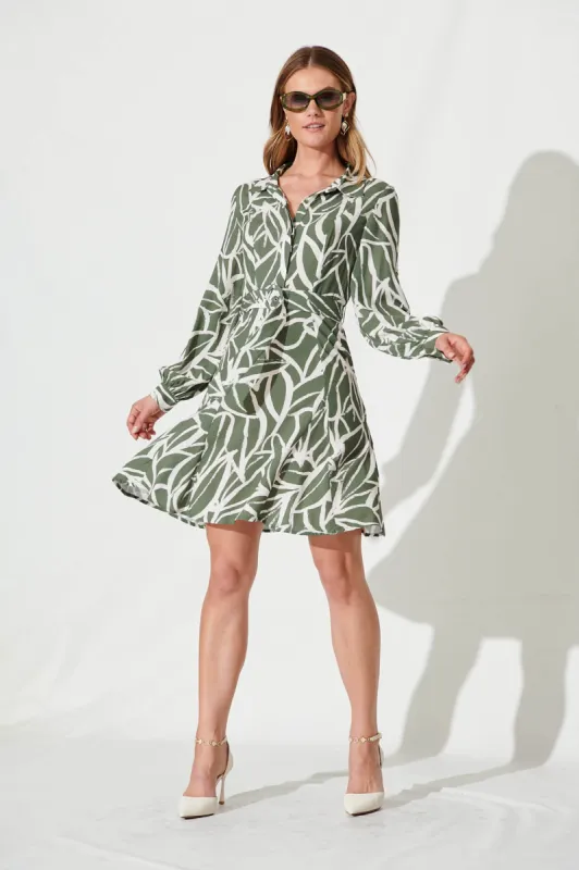 Eilish Shirt Dress In Khaki With White Leaf Print sold by St Frock