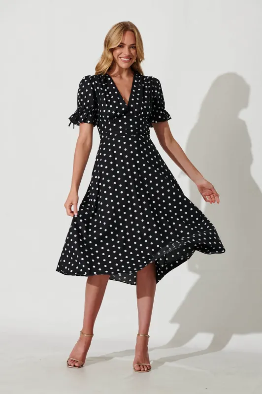 Sunrays Midi Dress In Black With White Spot Cotton sold by St Frock