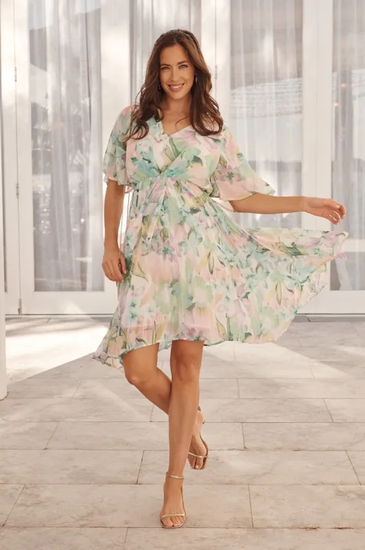 Blakely Dress In Green Floral Lurex Chiffon sold by St Frock