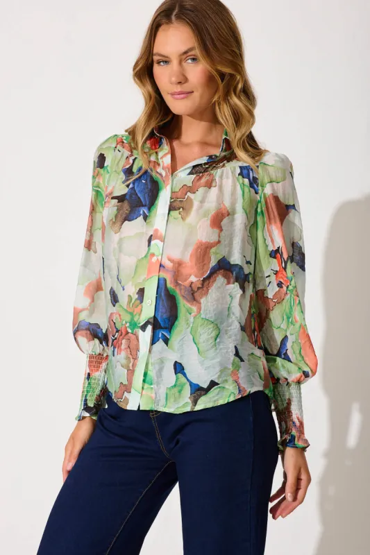 Lucca Shirt In Green With Multi Print sold by St Frock