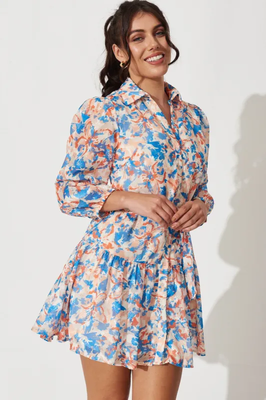 Odeya Shirt Dress In White With Blue And Rust Print Burnout Chiffon sold by St Frock