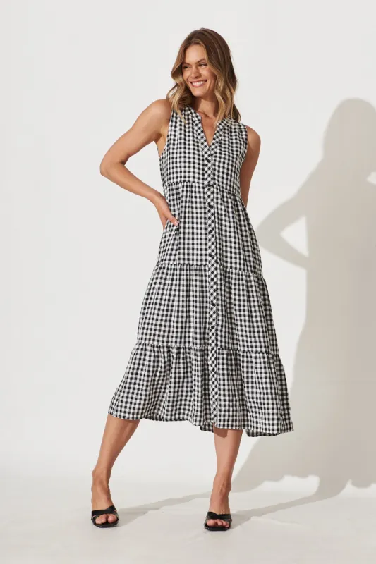 Jolly Midi Smock Dress In Black Gingham Check Cotton Blend sold by St Frock