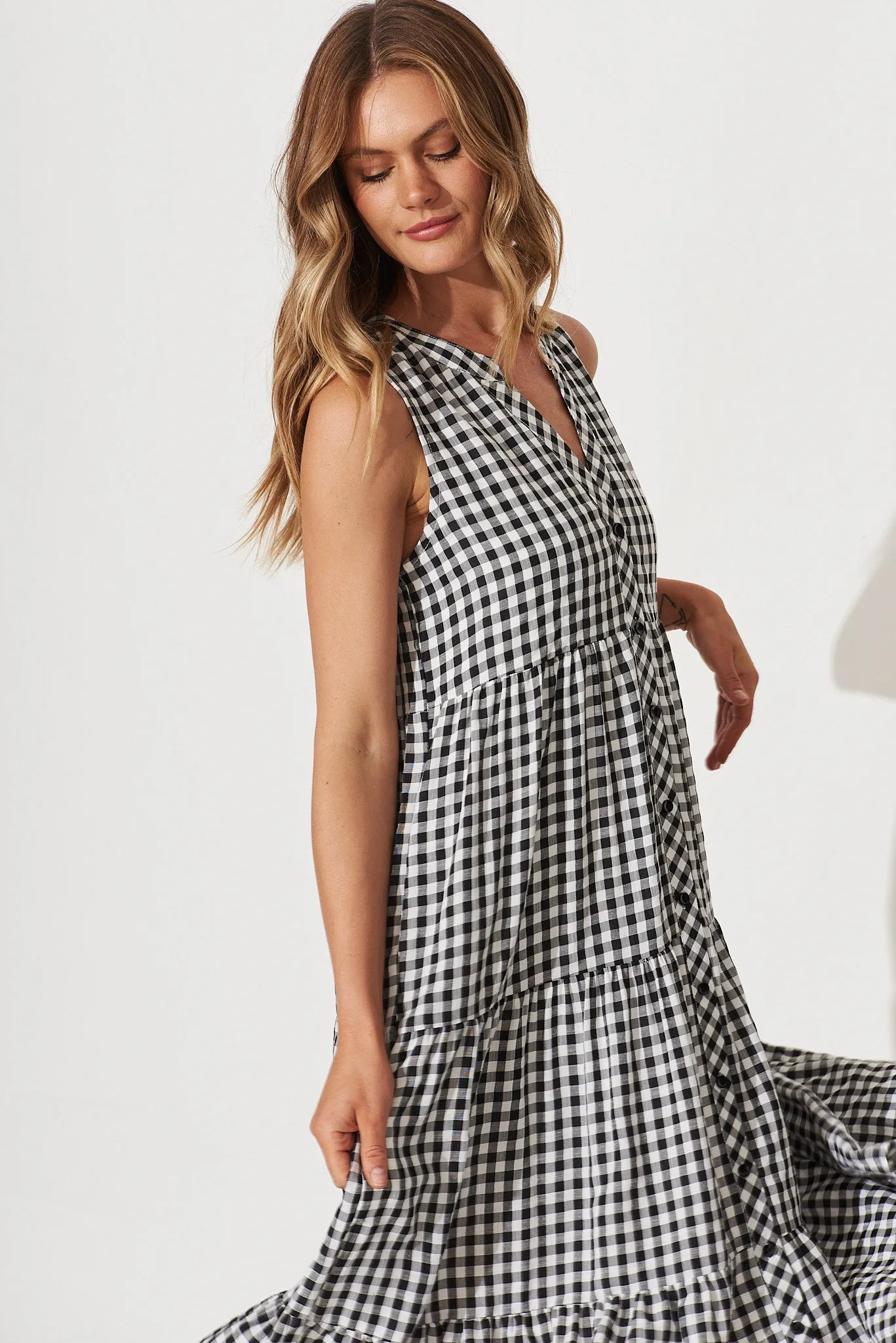 Jolly Midi Smock Dress In Black Gingham Check Cotton Blend sold by St Frock product image thumbnail 2