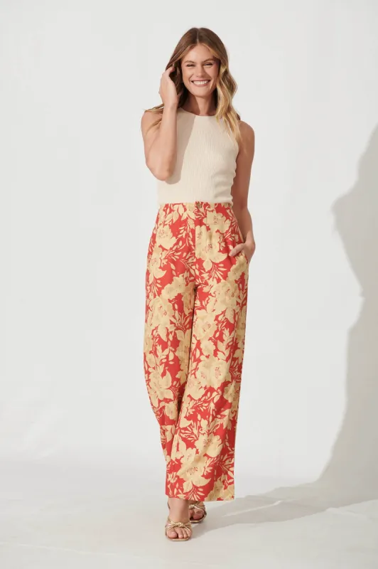 Posy Pant In Red With Beige Floral Linen Blend sold by St Frock