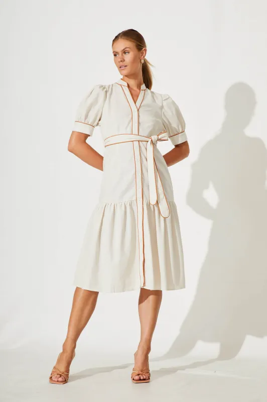Darina Midi Shirt Dress In Oatmeal With Tan Linen Blend sold by St Frock