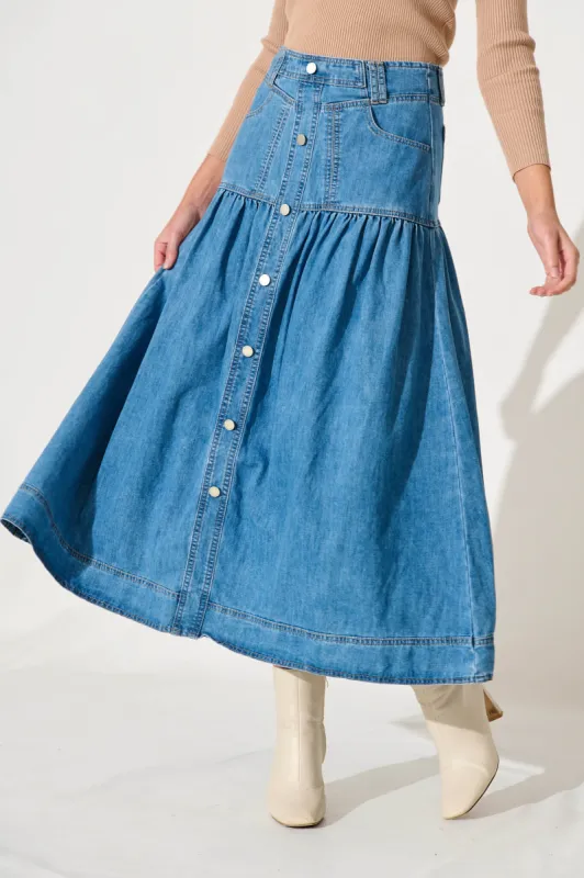 Poppy Maxi Denim Skirt In Mid Blue sold by St Frock