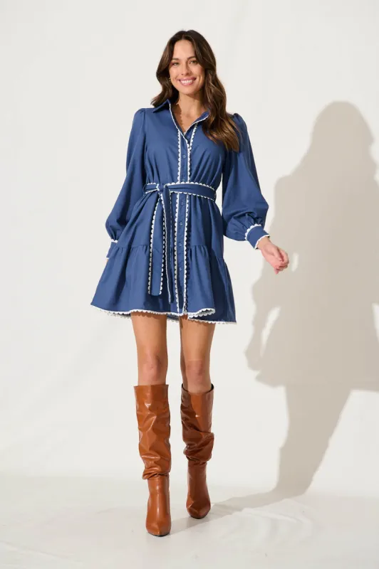 Cali Shirt Dress In Dark Blue Cotton Linen sold by St Frock