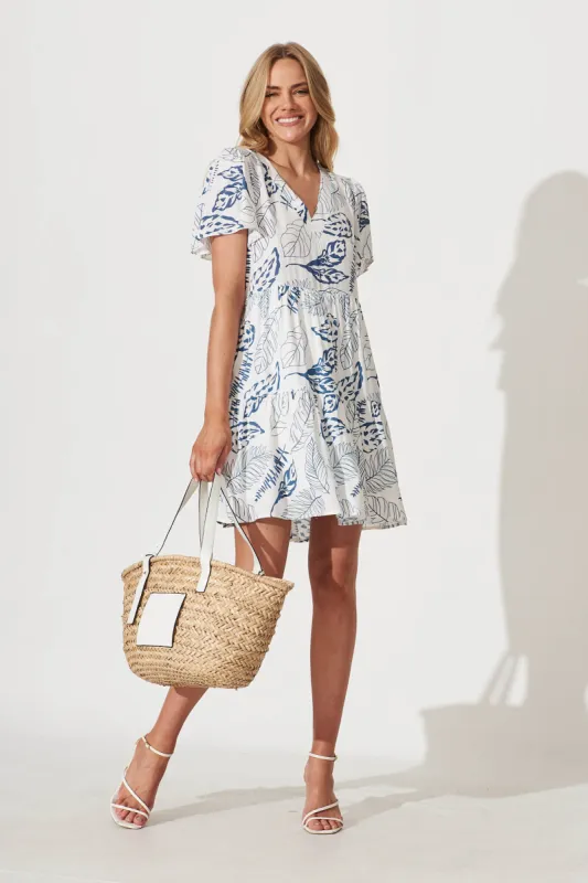 Diana Smock Dress In White With Blue Leaf Print Linen Blend sold by St Frock