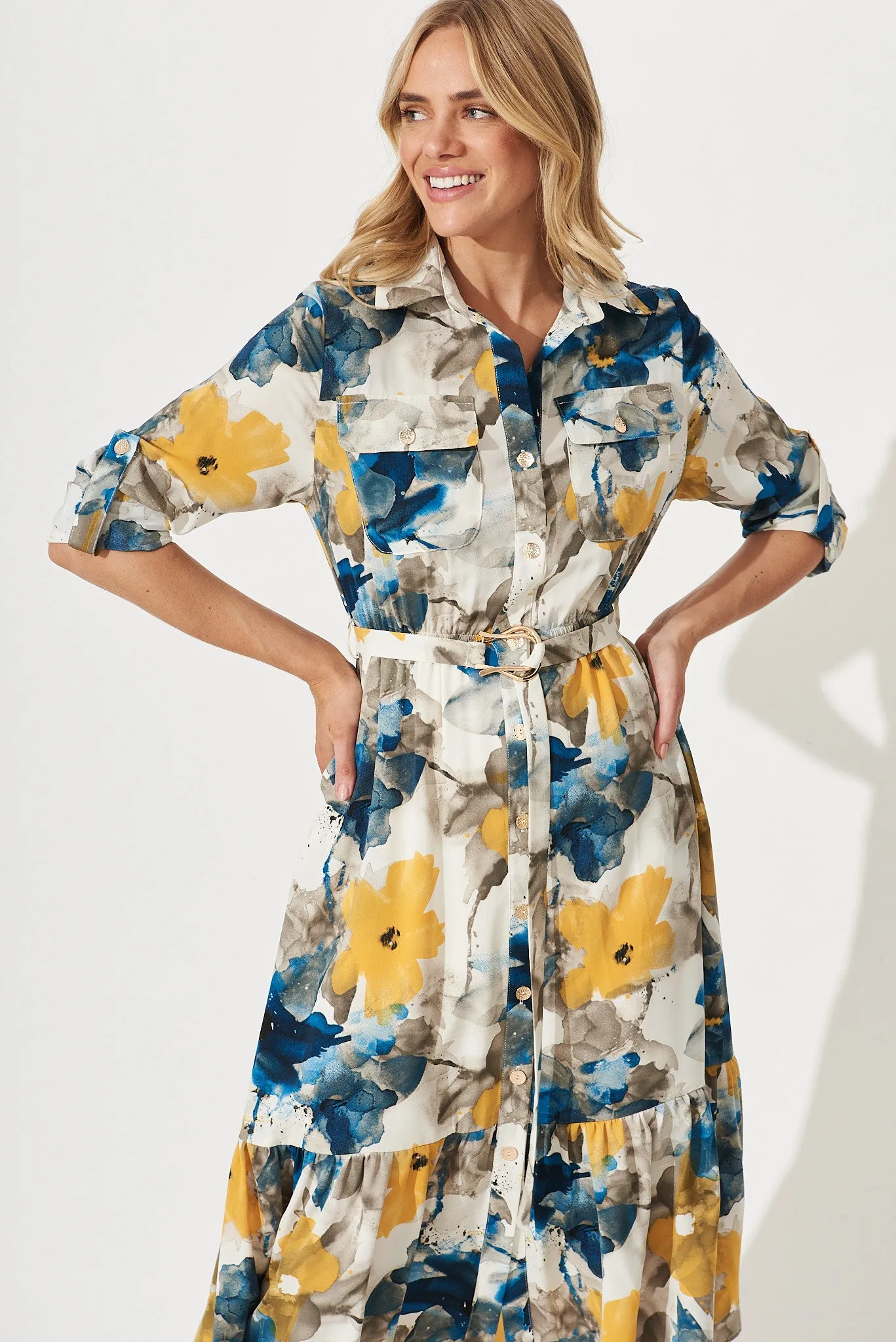 Divinity Midi Shirt Dress In Navy With Yellow Watercolour Print sold by St Frock product image thumbnail 3