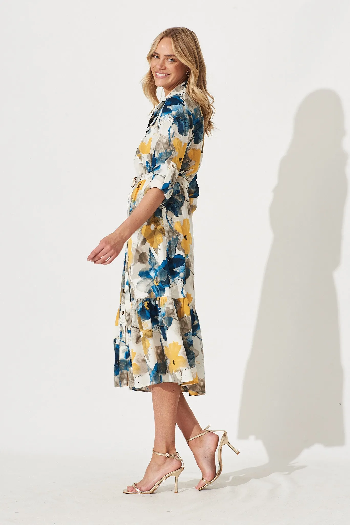 Divinity Midi Shirt Dress In Navy With Yellow Watercolour Print sold by St Frock product image thumbnail 4