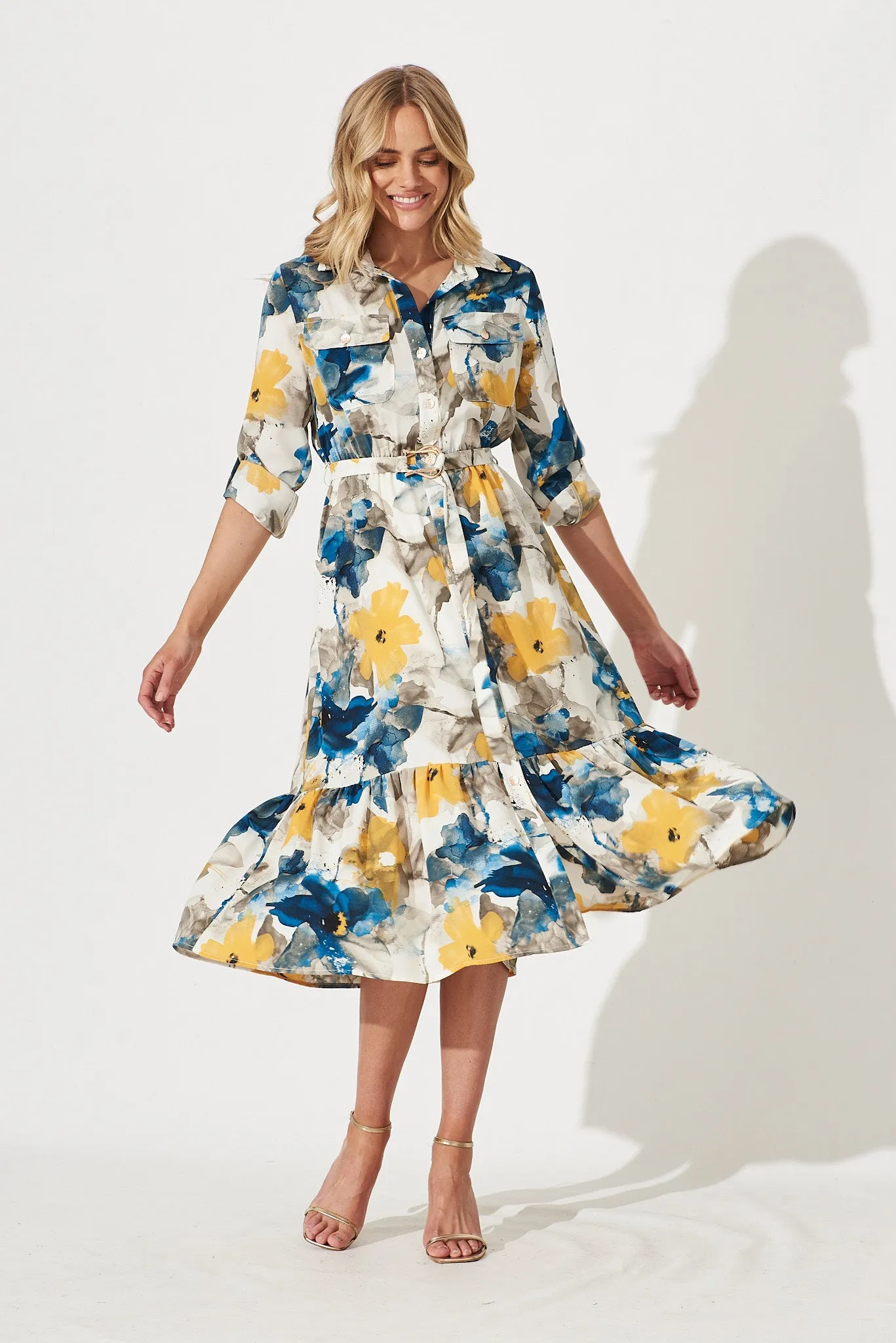 Divinity Midi Shirt Dress In Navy With Yellow Watercolour Print sold by St Frock
