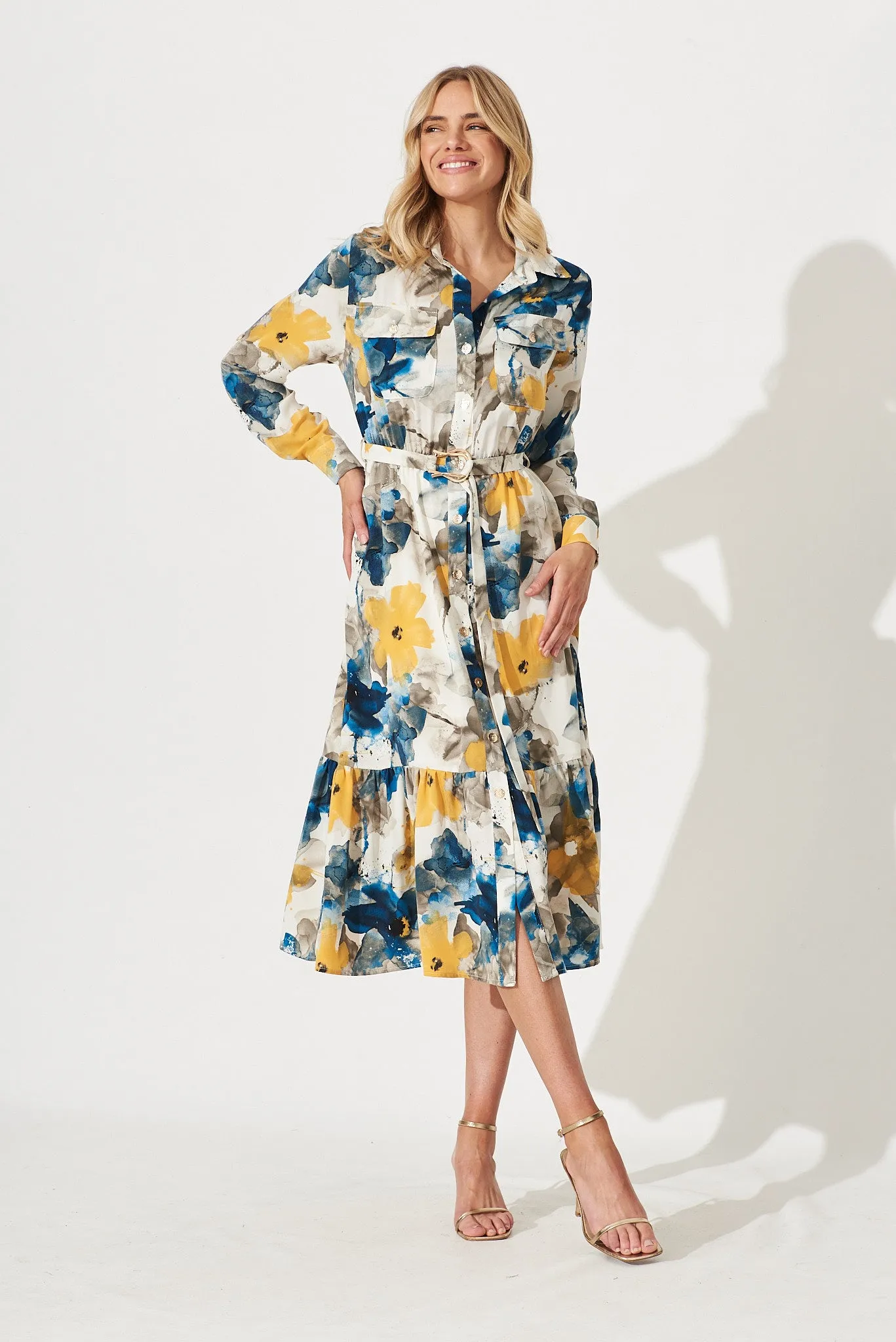 Divinity Midi Shirt Dress In Navy With Yellow Watercolour Print sold by St Frock product image thumbnail 2