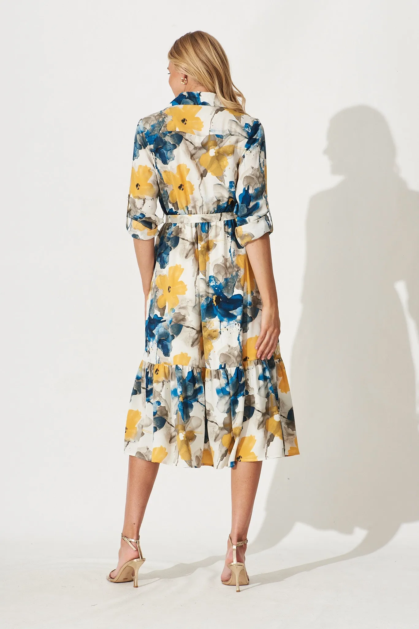 Divinity Midi Shirt Dress In Navy With Yellow Watercolour Print sold by St Frock product image thumbnail 5
